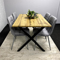 Modern Dining Table Set with  4 Grey Velvet Chairs – Wood Effect Tabletop with X-Shaped Metal Legs – Stylish Kitchen or Dining Room Furniture