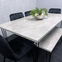 Grey Dining Table with Hairpin Legs, Bench & 4 Black Velvet Chairs Set for Kitchen & Dining Room