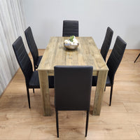 Dining Table and 6 Black Metal Leather Chairs Rustic Effect Wood Dining Room