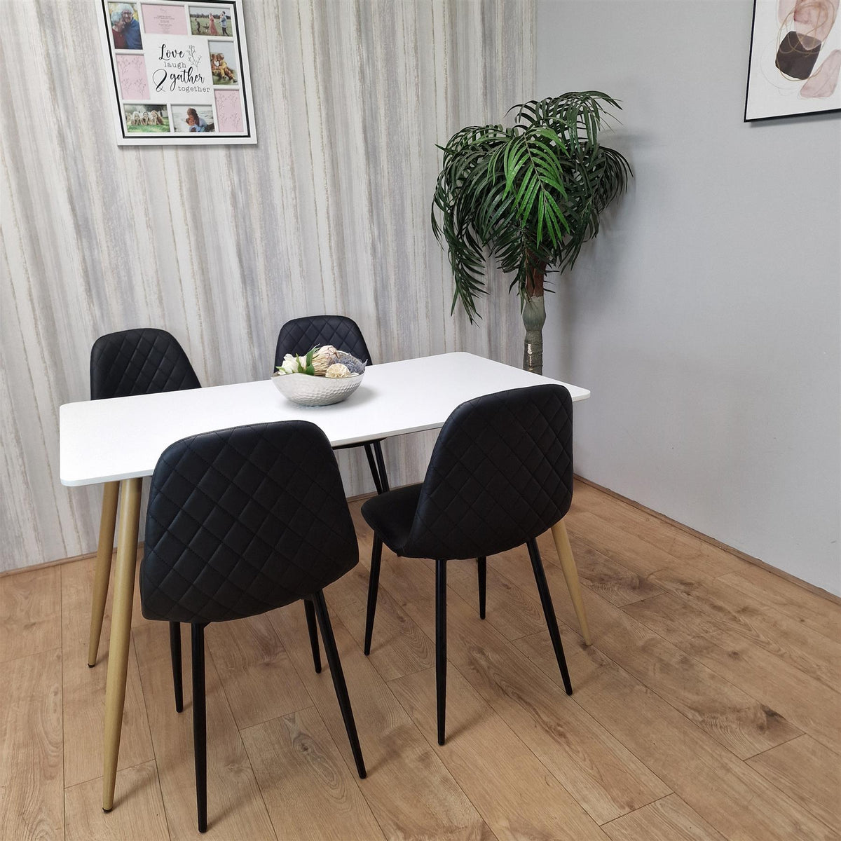 Dining Table Set of 4 Wooden White Table with 4 Black Gem Patterend Chairs