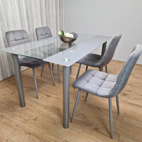 Dining Table Clear Glass and 4 Velvet Grey Chairs Dining Room Furniture