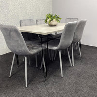 Grey Wooden Dining Table Hairpin Legs with 6 Grey Velvet Chairs - Dining Kitchen Room Furniture