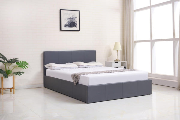 Ottoman Bed Gas Lift Storage Leather Grey 4ft6 Double with 1 Mattress Pine Wood Bedroom
