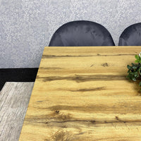 Modern Dining Table Set with Padded Bench and Grey Velvet Chairs – Wood Effect Tabletop with X-Shaped Metal Legs – Stylish Kitchen or Dining Room Furniture