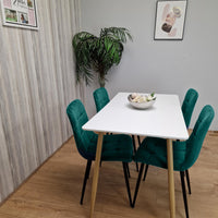 Wooden White Dining Table Set with 4 Green Velvet Upholstered Chairs