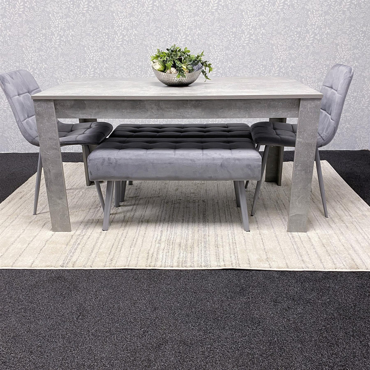 Grey Wooden Dining Table Set with 2 Grey Chairs and Benches - Dining Kitchen Room Furniture