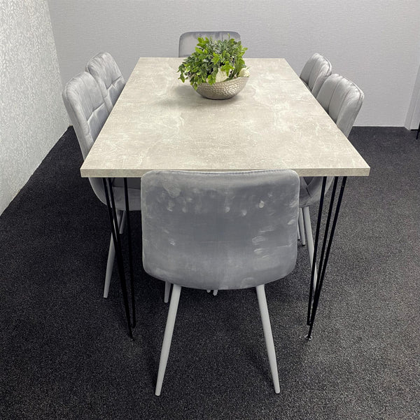 Grey Wooden Dining Table Hairpin Legs with 6 Grey Velvet Chairs - Dining Kitchen Room Furniture