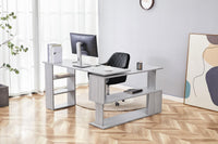 Grey Office Desk L-shaped with Black Velvet Upholstered Chair and Storage Drawers