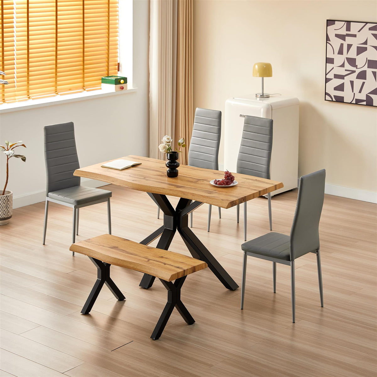 Brown Wooden Dining Table X-Shaped Legs with 4 Grey Leather Chairs and Bench - Dining Kitchen Room Furniture