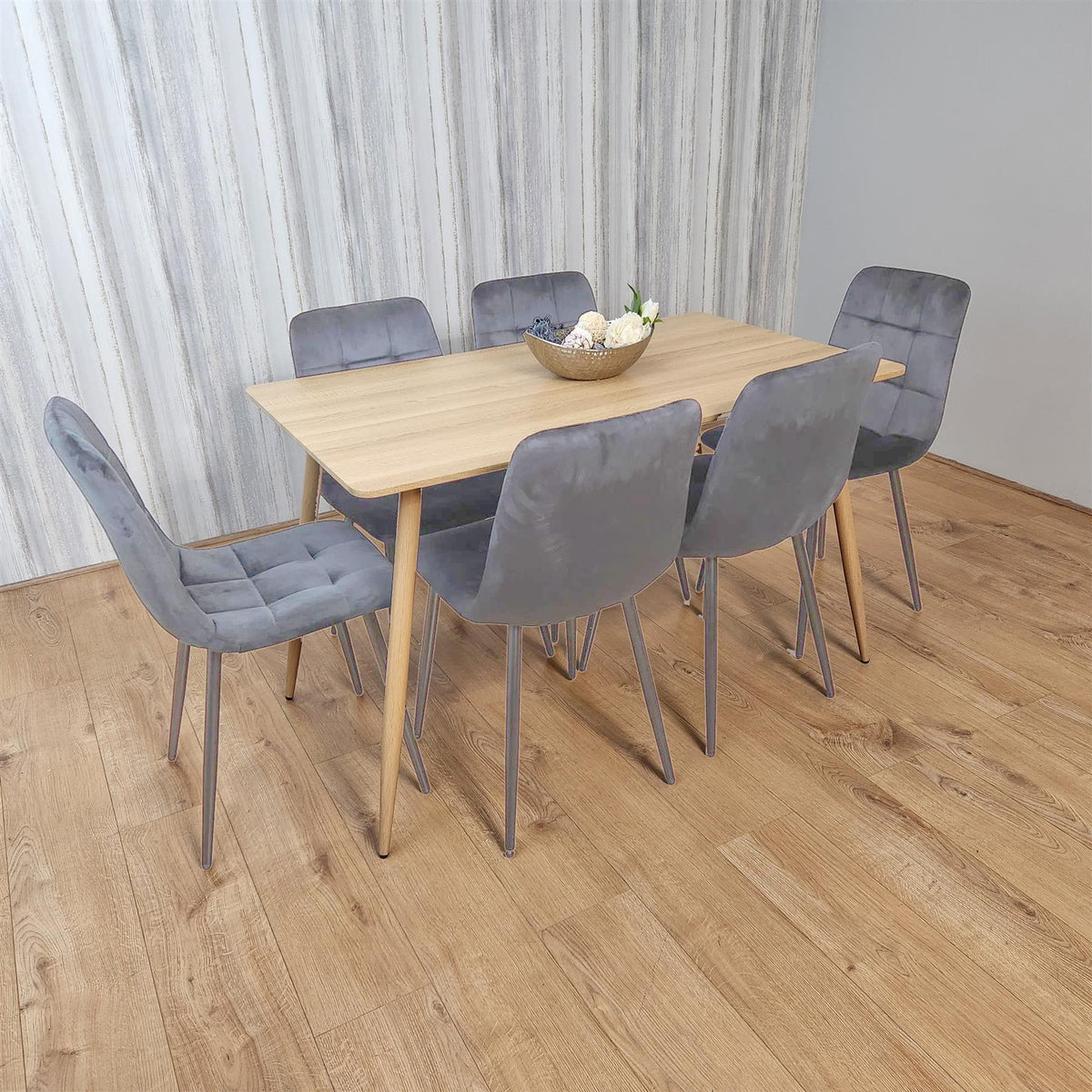 Beige Oak Design Dining Table Set with Velvet Chairs & Metal Legs
