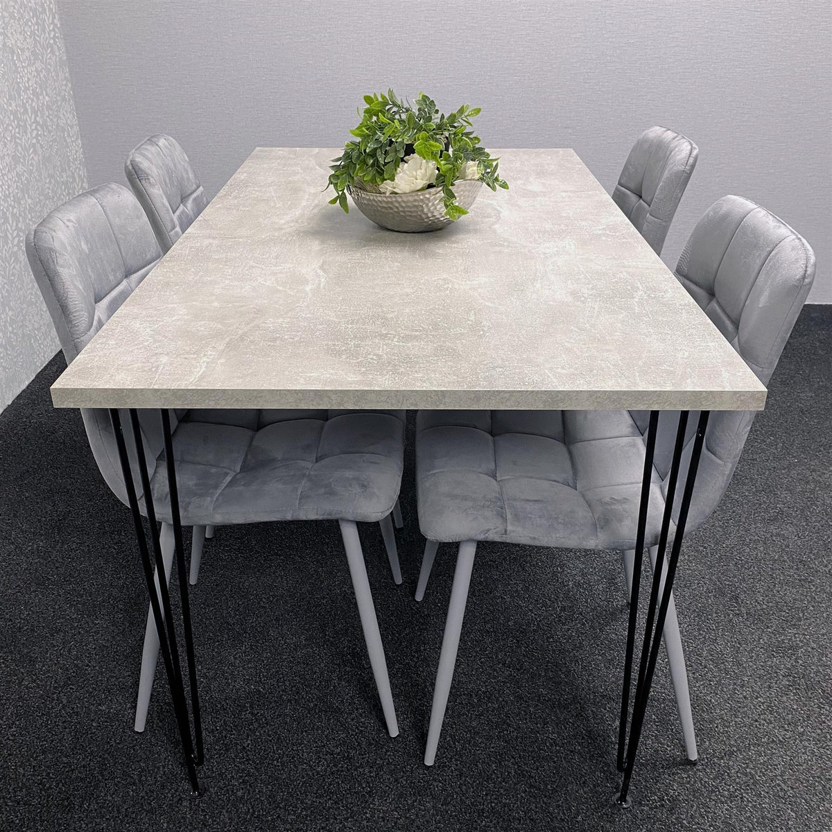 Grey Dining Table with Hairpin Legs & 4 Grey Velvet Chairs Set for Kitchen & Dining Room