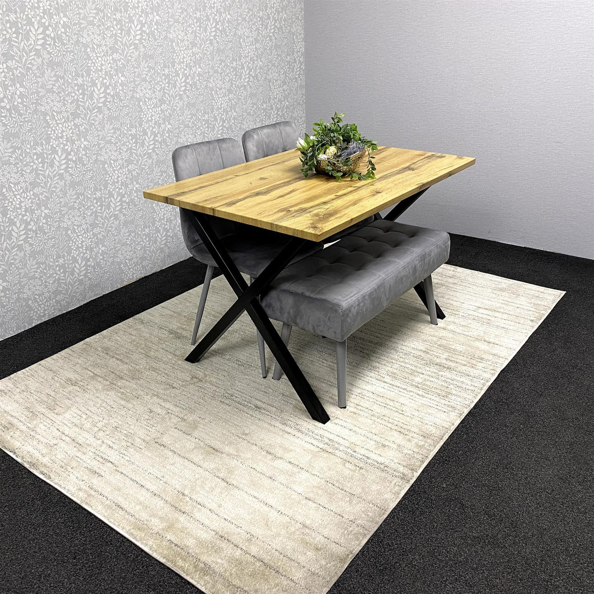 Modern Dining Table Set with Padded Bench and 2 Grey Velvet Chairs – Wood Effect Tabletop with X-Shaped Metal Legs – Stylish Kitchen or Dining Room Furniture
