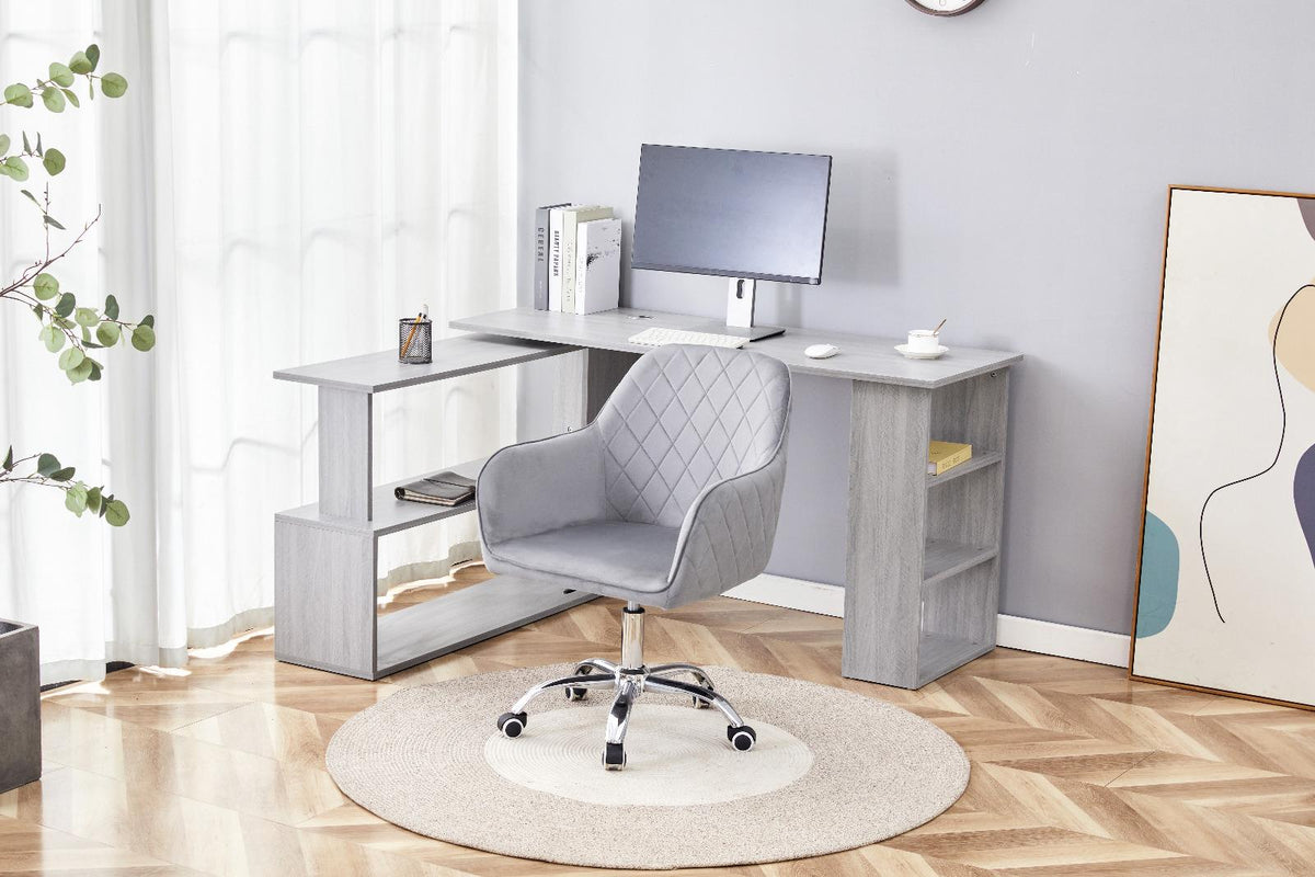 Grey Office Desk L-shaped with Grey Velvet Upholstered Chair Wooden Room Furniture