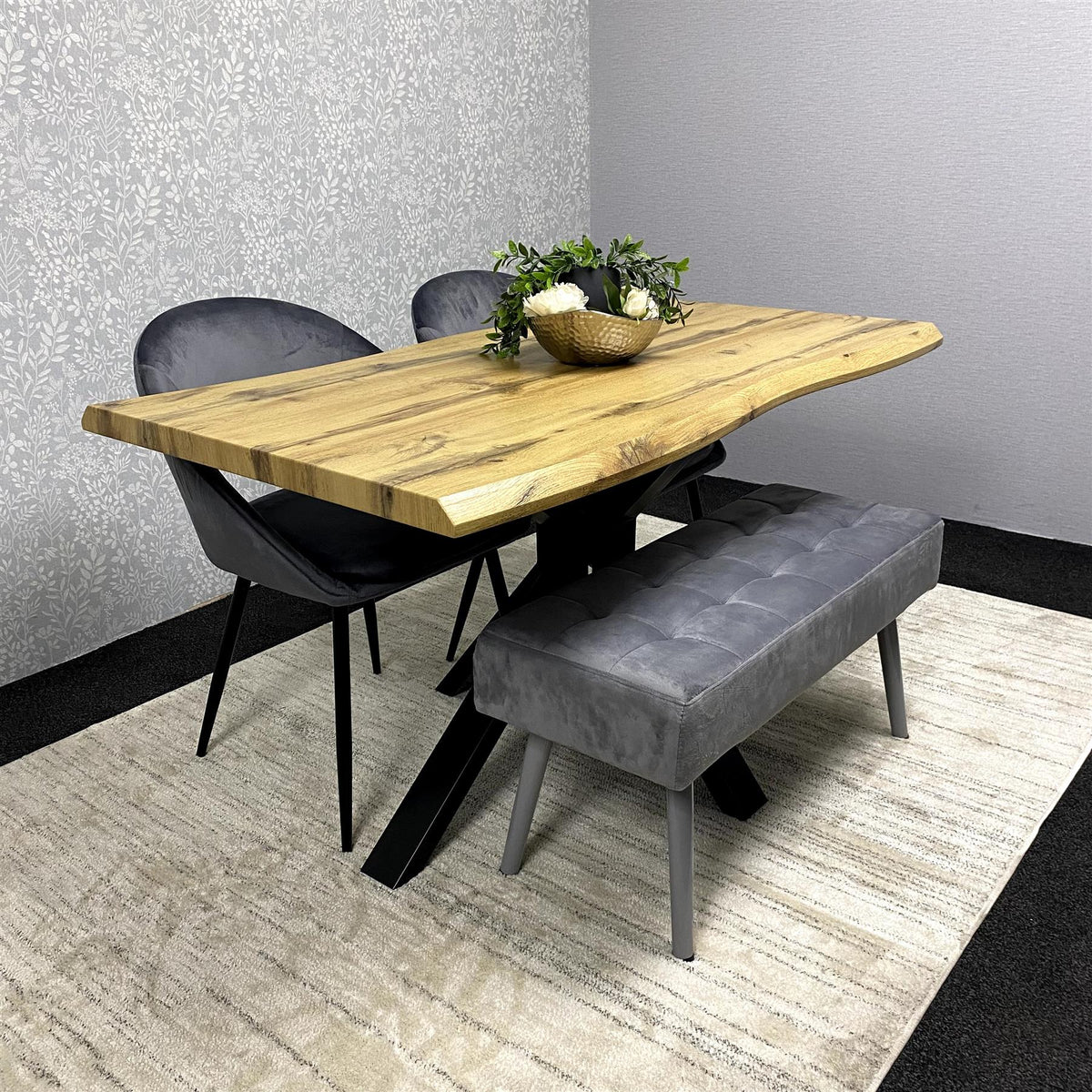 Black Marble Effect Dining Table with 6 Tufted Black Velvet Chairs – Tempered Glass Top with Metal Legs – Elegant Modern Dining Room Furniture Set
