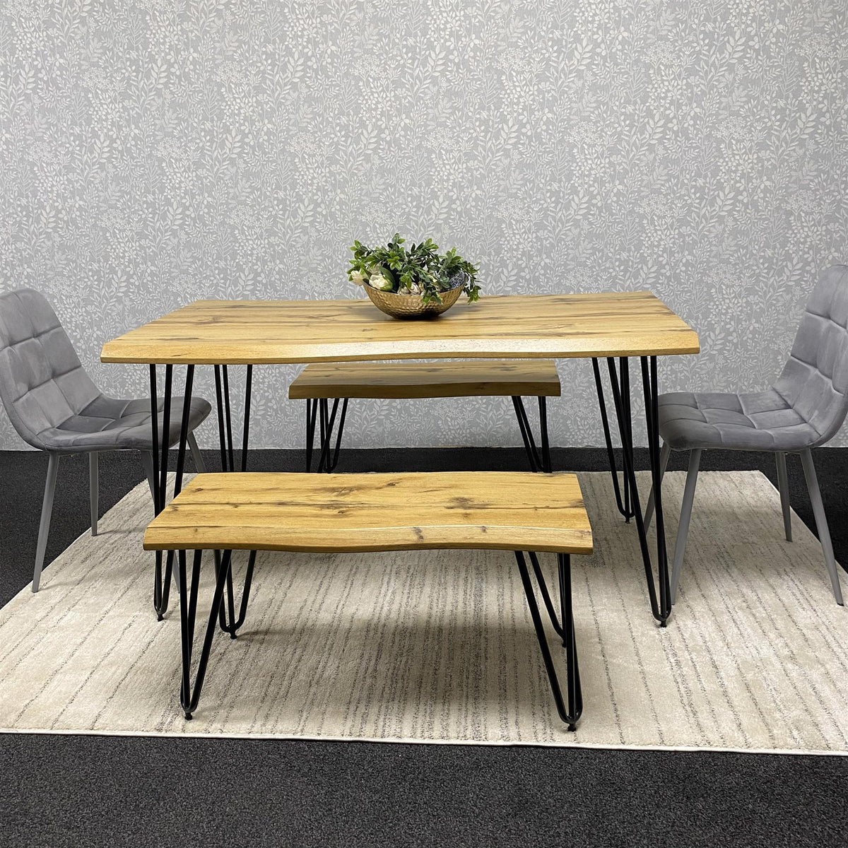 Wooden Dining Table with 2 Benches and 2 Grey Velvet Chairs