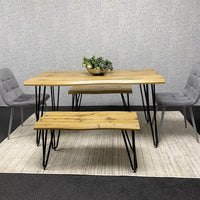 Wooden Dining Table with 2 Benches and 2 Grey Velvet Chairs