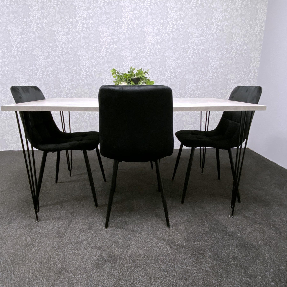 Grey Dining Table with Hairpin Legs & 4 Black Velvet Chairs Set for Kitchen & Dining Room