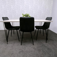 Grey Dining Table with Hairpin Legs & 4 Black Velvet Chairs Set for Kitchen & Dining Room