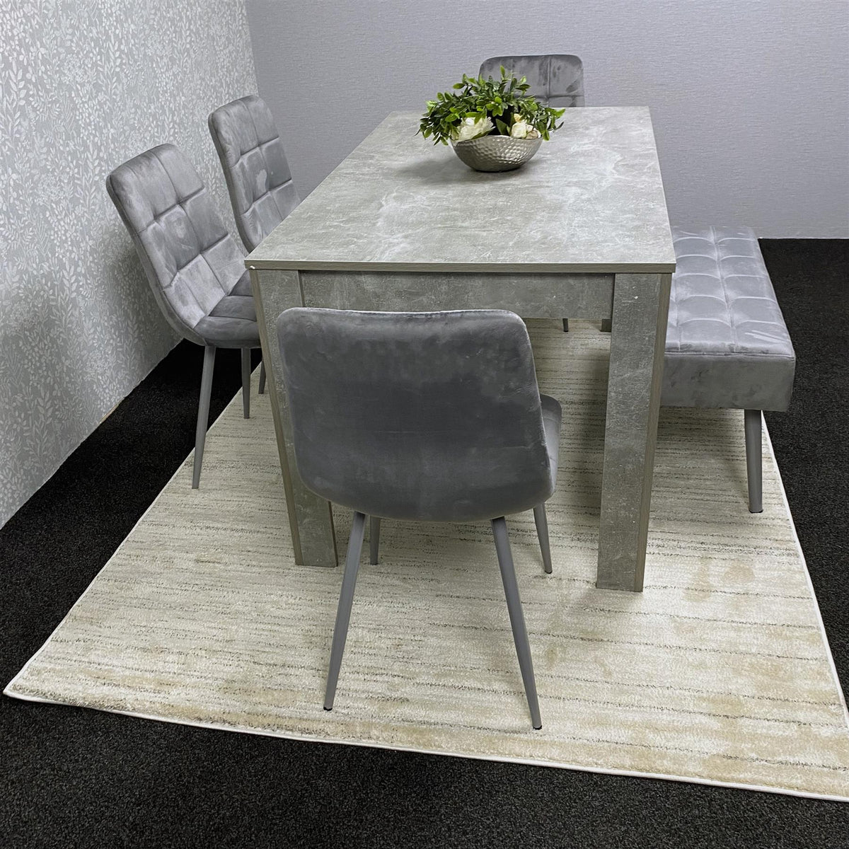 Grey Wooden Dining Table Set with 4 Grey Chairs and 1 Bench - Dining Kitchen Room Furniture