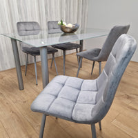 Dining Table Clear Glass and 4 Velvet Grey Chairs Dining Room Furniture