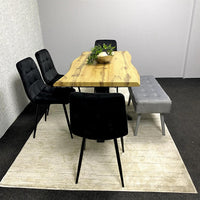 Wood Dining Set with Velvet Chairs & Grey Velvet Bench