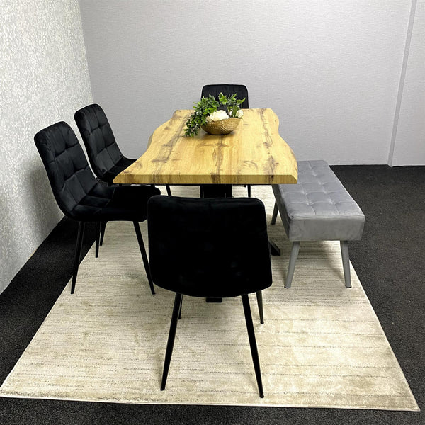 Wood Dining Set with Velvet Chairs & Grey Velvet Bench