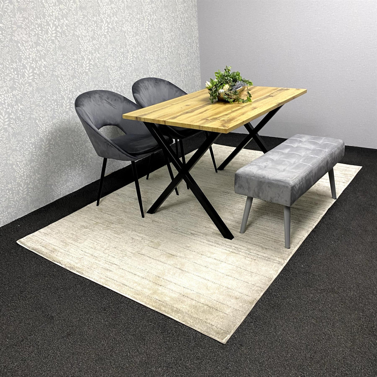 Modern Dining Table Set with Padded Bench and Grey Velvet Chairs – Wood Effect Tabletop with X-Shaped Metal Legs – Stylish Kitchen or Dining Room Furniture
