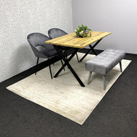 Modern Dining Table Set with Padded Bench and Grey Velvet Chairs – Wood Effect Tabletop with X-Shaped Metal Legs – Stylish Kitchen or Dining Room Furniture