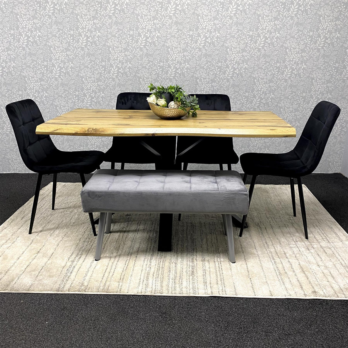 Wood Dining Set with Velvet Chairs & Grey Velvet Bench