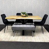 Wood Dining Set with Velvet Chairs & Grey Velvet Bench