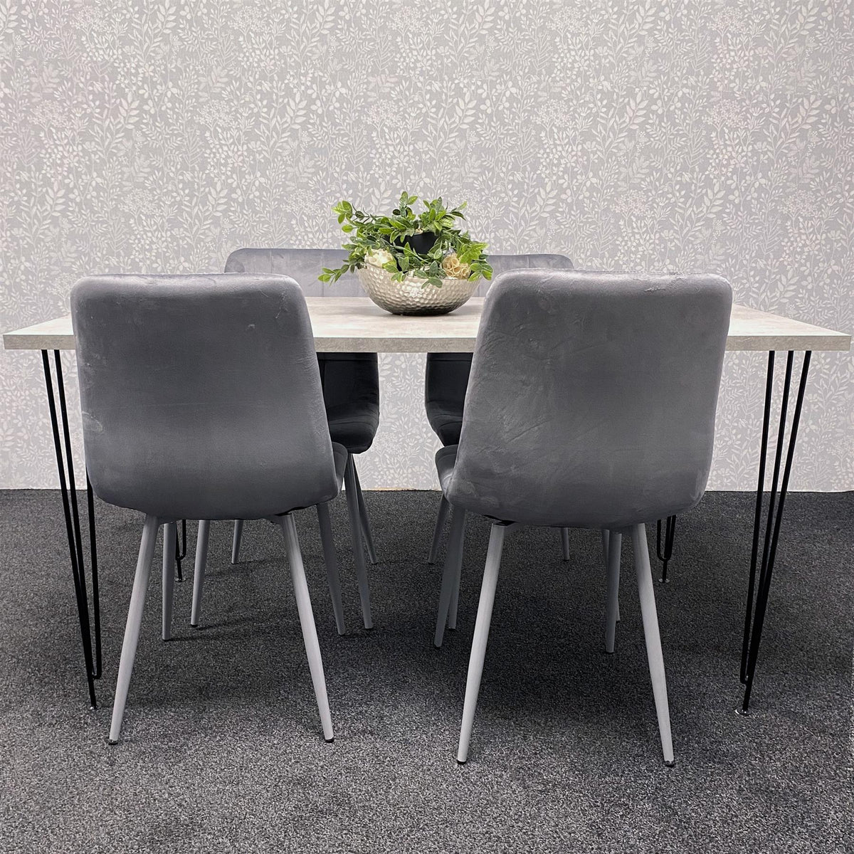 Grey Dining Table with Hairpin Legs & 4 Grey Velvet Chairs Set for Kitchen & Dining Room