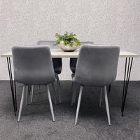 Grey Dining Table with Hairpin Legs & 4 Grey Velvet Chairs Set for Kitchen & Dining Room