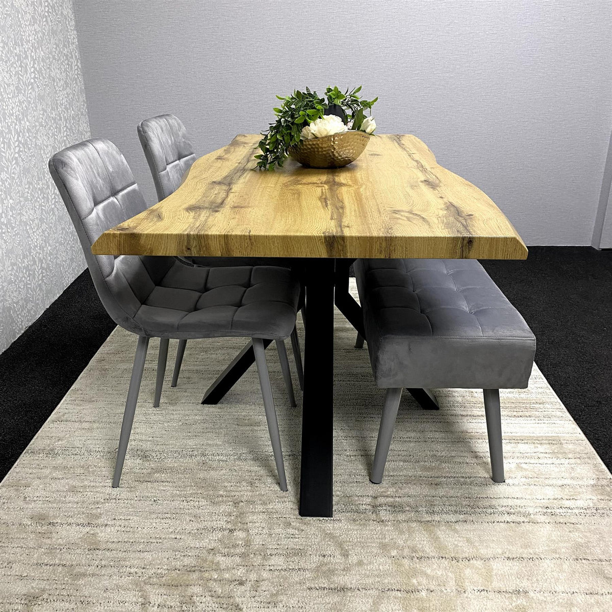 Wood Dining Set with Tufted Velvet Chairs & Grey Velvet Bench