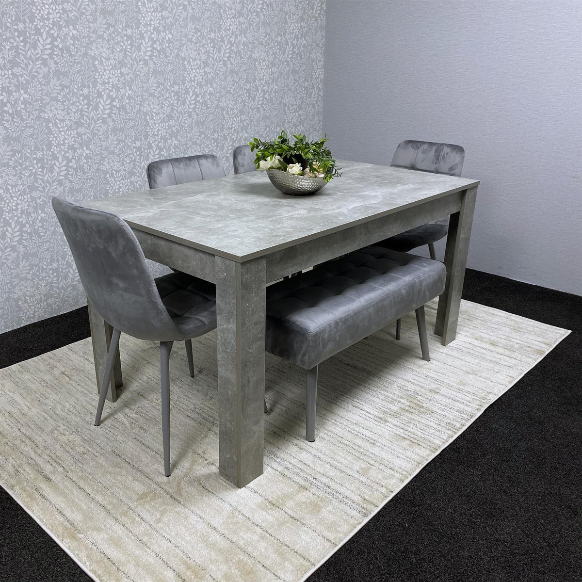 Grey Wooden Dining Table Set with 4 Grey Chairs and 1 Bench - Dining Kitchen Room Furniture