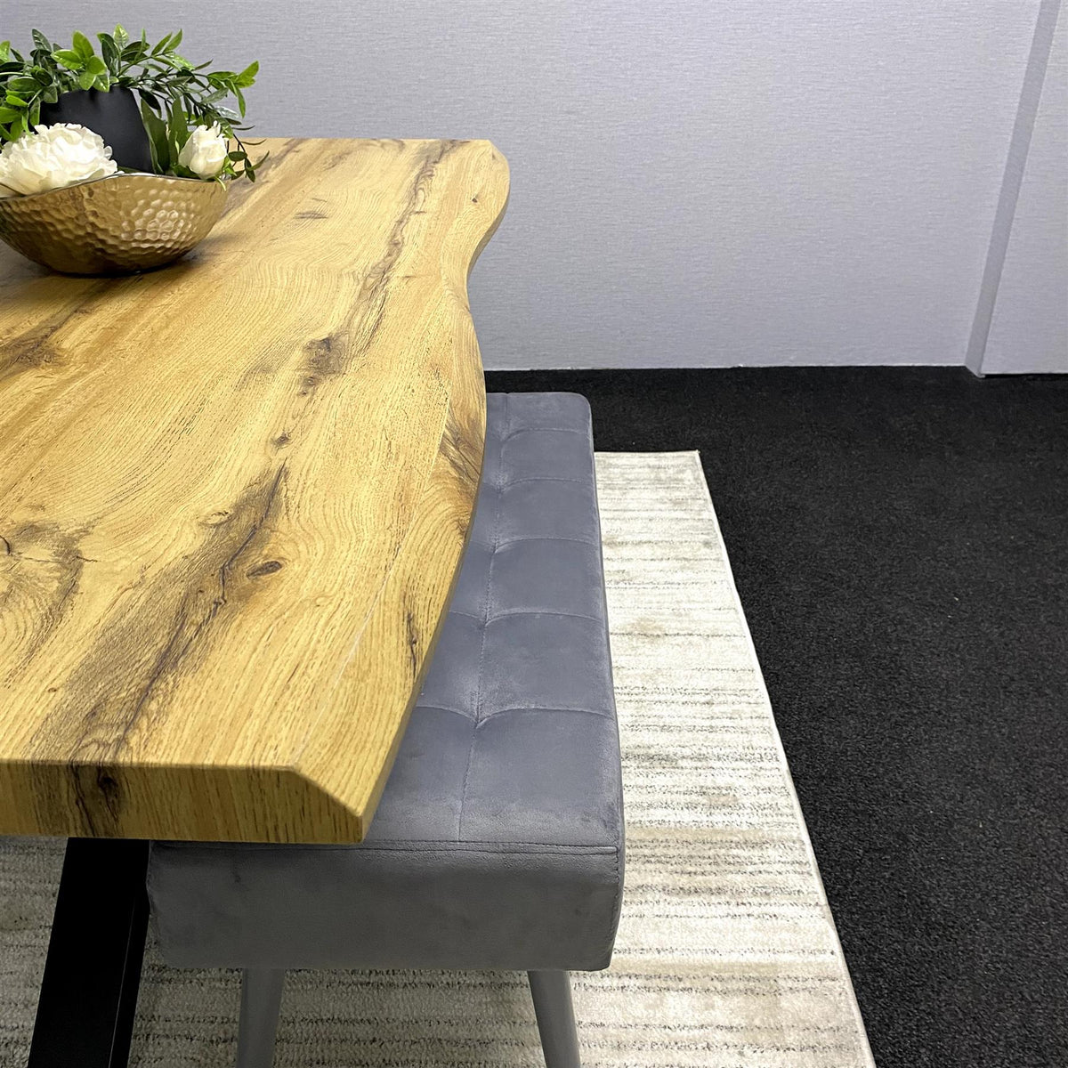 Wooden Dining Set with 2 Grey Velvet Chairs and 2 Wooden Benches