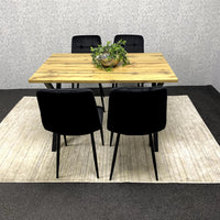 Modern Dining Table Set with 4 Black Velvet Chairs – Wood Effect Tabletop with X-Shaped Metal Legs – Stylish Kitchen or Dining Room Furniture
