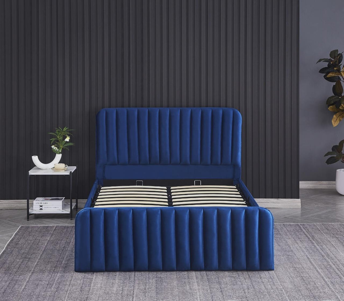 Ottoman Gas Lift Storage Bed 4ft6 Double with 1 Mattress Blue Velvet Bedroom