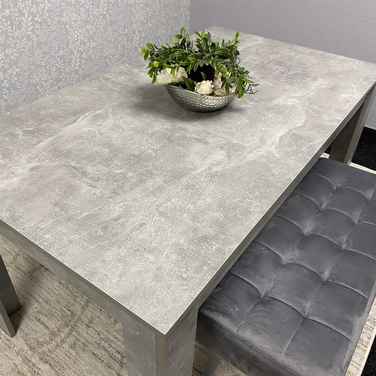 Grey Wooden Dining Table Set and 2 Benches with Metal Legs – Dining Kitchen Room Furniture