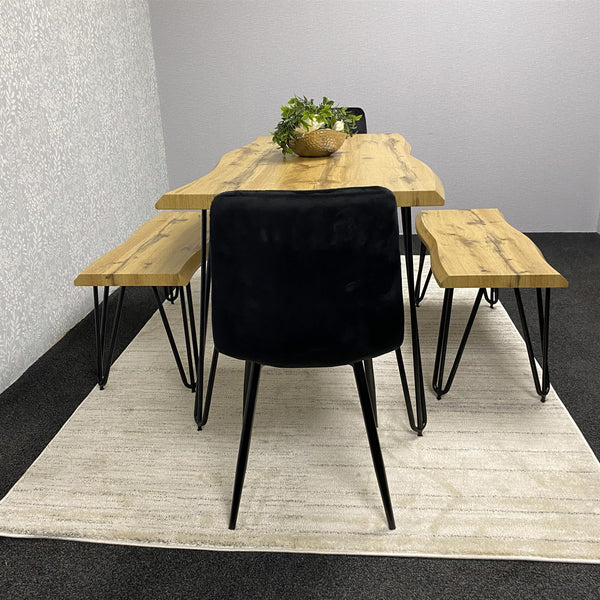 Wooden Dining Table with 2 Benches and 2 Black Velvet Chairs