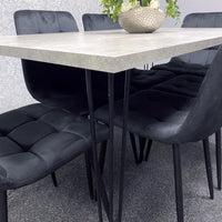 Grey Dining Table with Hairpin Legs & 4 Black Velvet Chairs Set for Kitchen & Dining Room