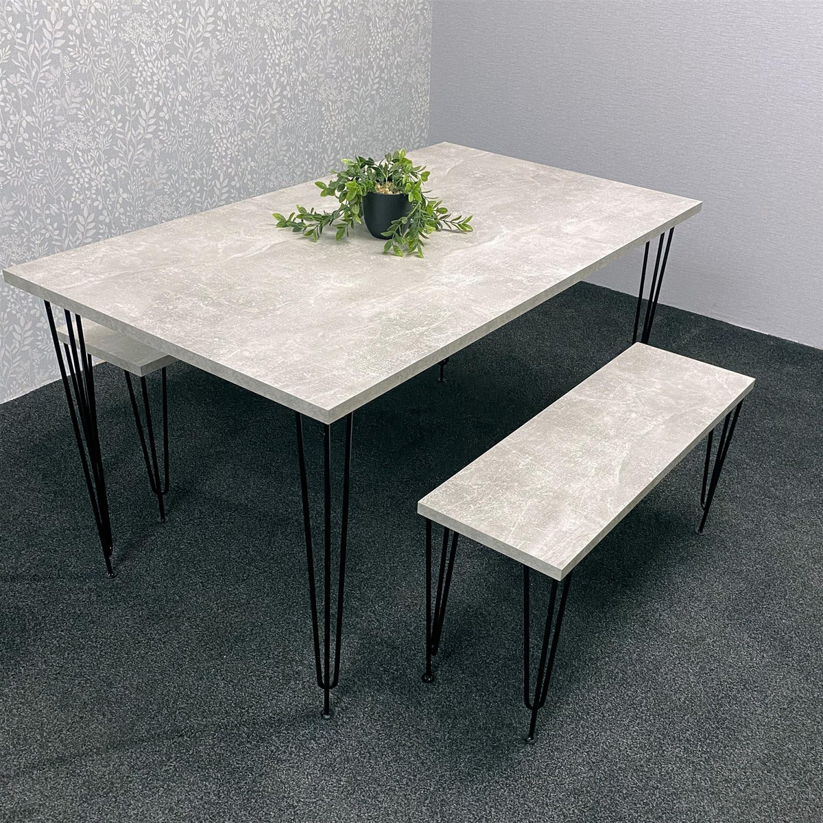 Grey Wooden Dining Table Hairpin Legs with 2 Benches - Dining Kitchen Room Furniture