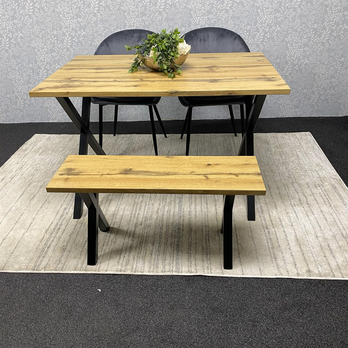 Brown Wooden Dining Table with 2 Grey Chairs and Bench - Dining Kitchen Room Furniture