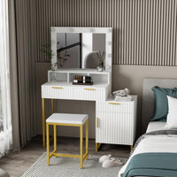 Dressing Table Set with Bulb Lights Mirror, Storage Cabinet and Stool - White and Gold - Hollywood Style