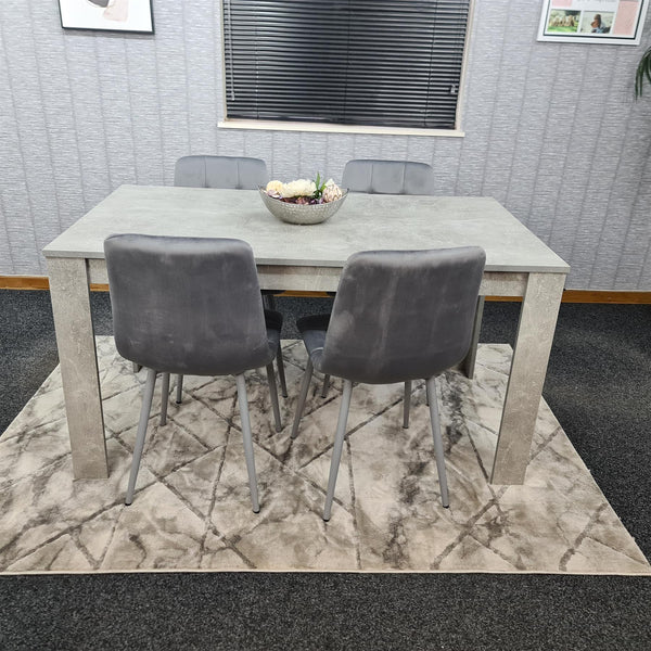 Dining Table with 4 Grey Velvet Chairs Stone Grey Effect Wood Table Set for Dining Room