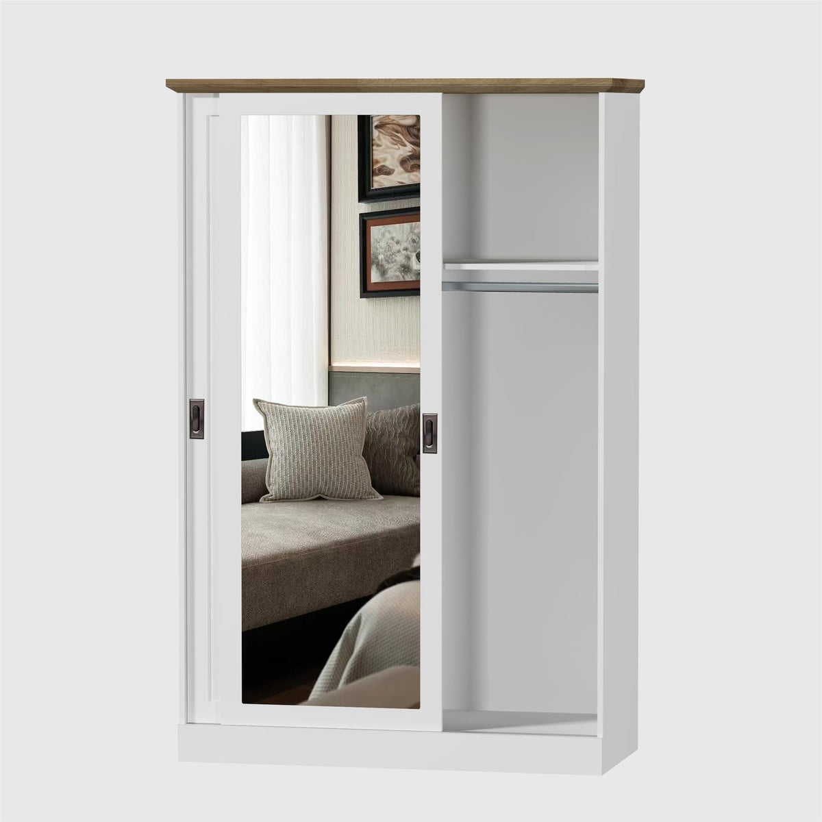Wardrobe with Sliding Door and Full Length Mirror White and Wood Top Finish for Bedroom