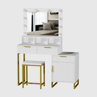 Dressing Table Set with Bulb Lights Mirror, Storage Cabinet and Stool - White and Gold - Hollywood Style
