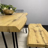 Wooden Dining Table with 2 Benches and 2 Grey Velvet Chairs