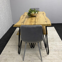 Wooden Dining Table with 2 Benches and 2 Grey Velvet Chairs