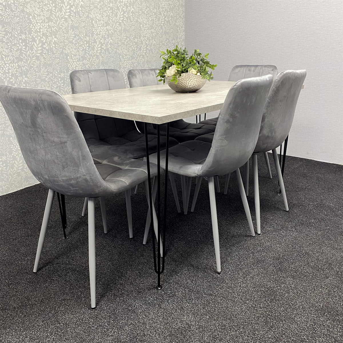 Grey Wooden Dining Table Hairpin Legs with 6 Grey Velvet Chairs - Dining Kitchen Room Furniture