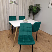 Wooden White Dining Table Set with 4 Green Velvet Upholstered Chairs